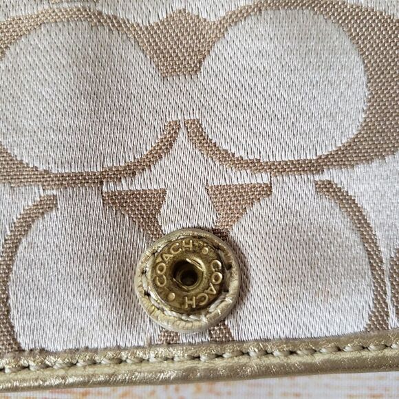 Coach Fabric Leather Logo Wristlet Wallet Metallic Gold Tan Fun Print - Picture 12 of 16